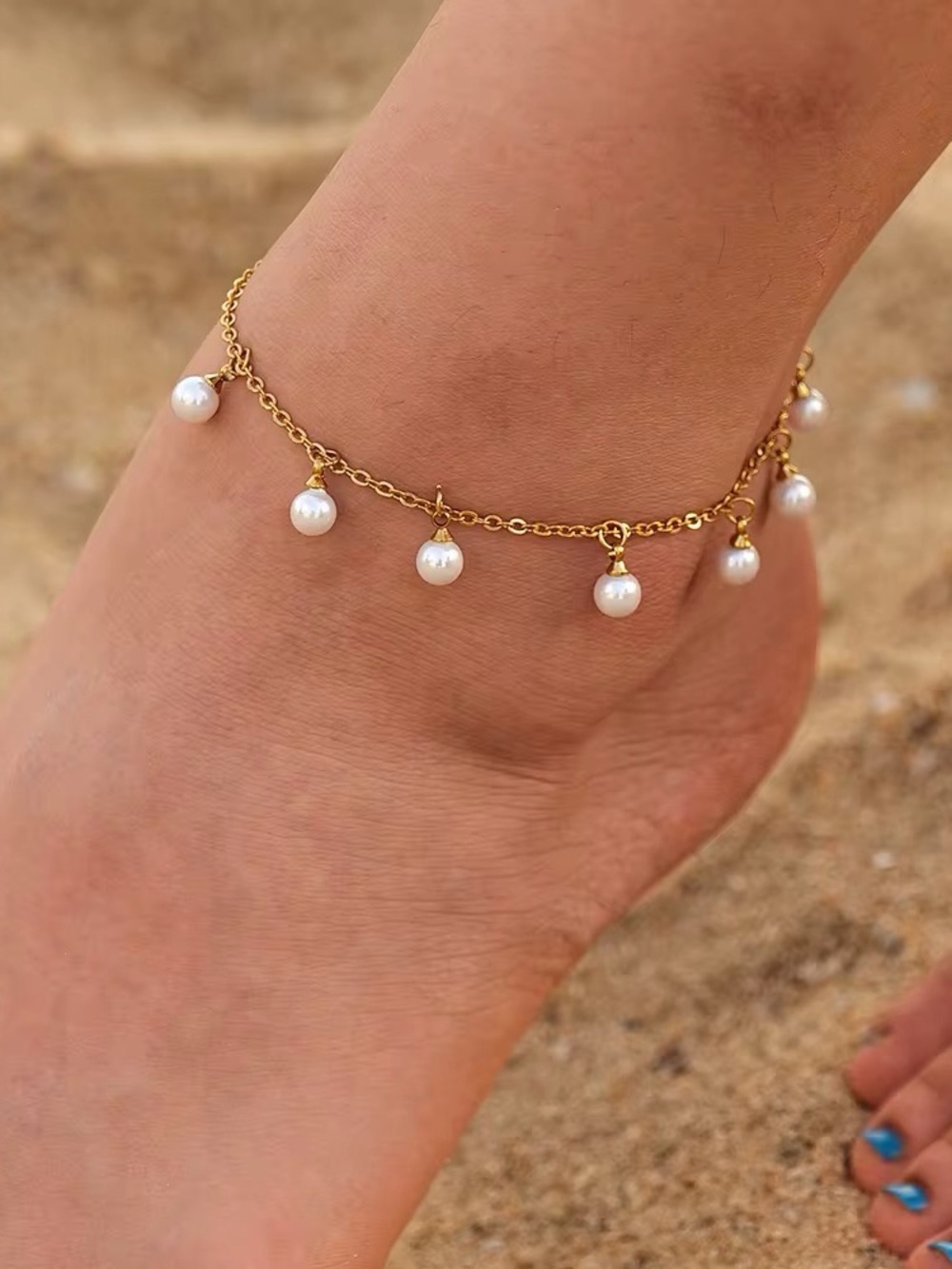 18K Gold Plated Faux Pearl Charm Anklet